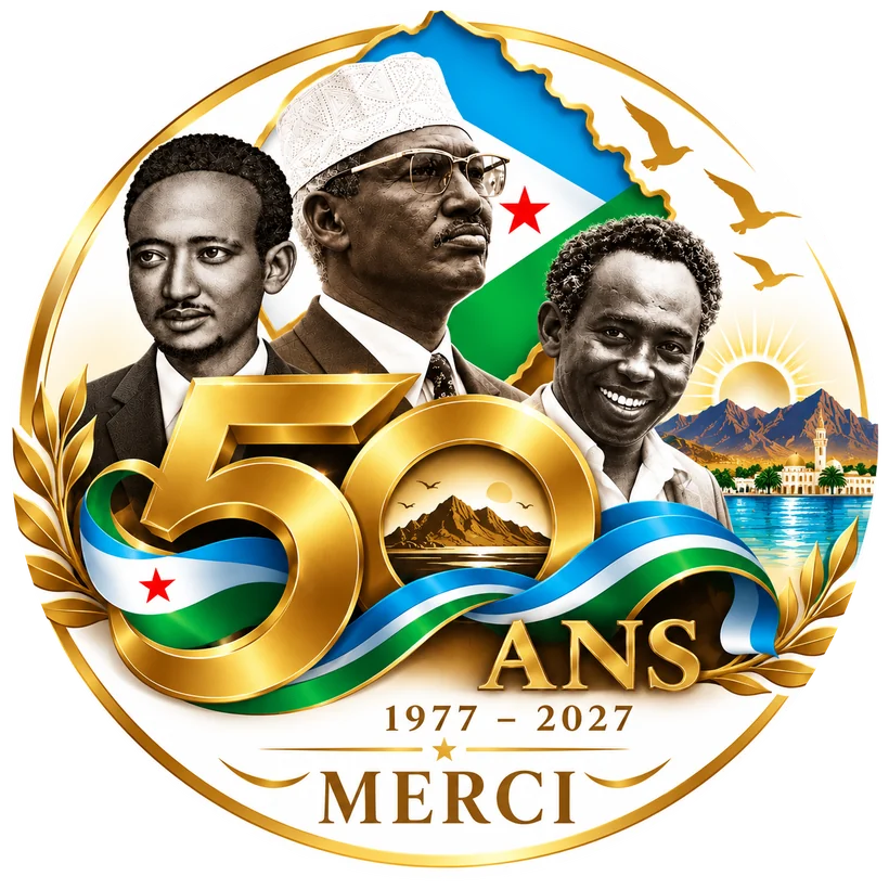 Médaillon « Merci » des 50 ans de l’indépendance, 1977 – 2027 : portraits de figures de l’indépendance devant le drapeau national, la mer et les montagnes